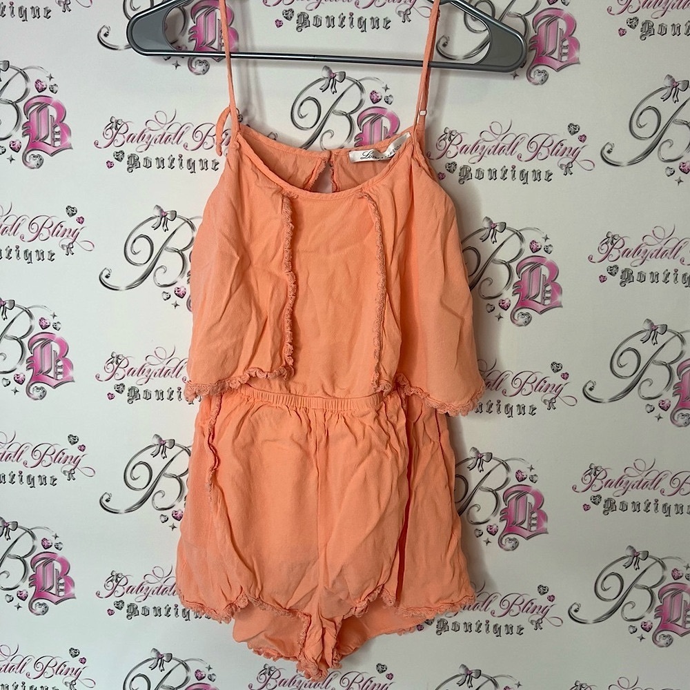 Lovers + Friends romper jumper orange distressed Coral 1 Piece open back revolve